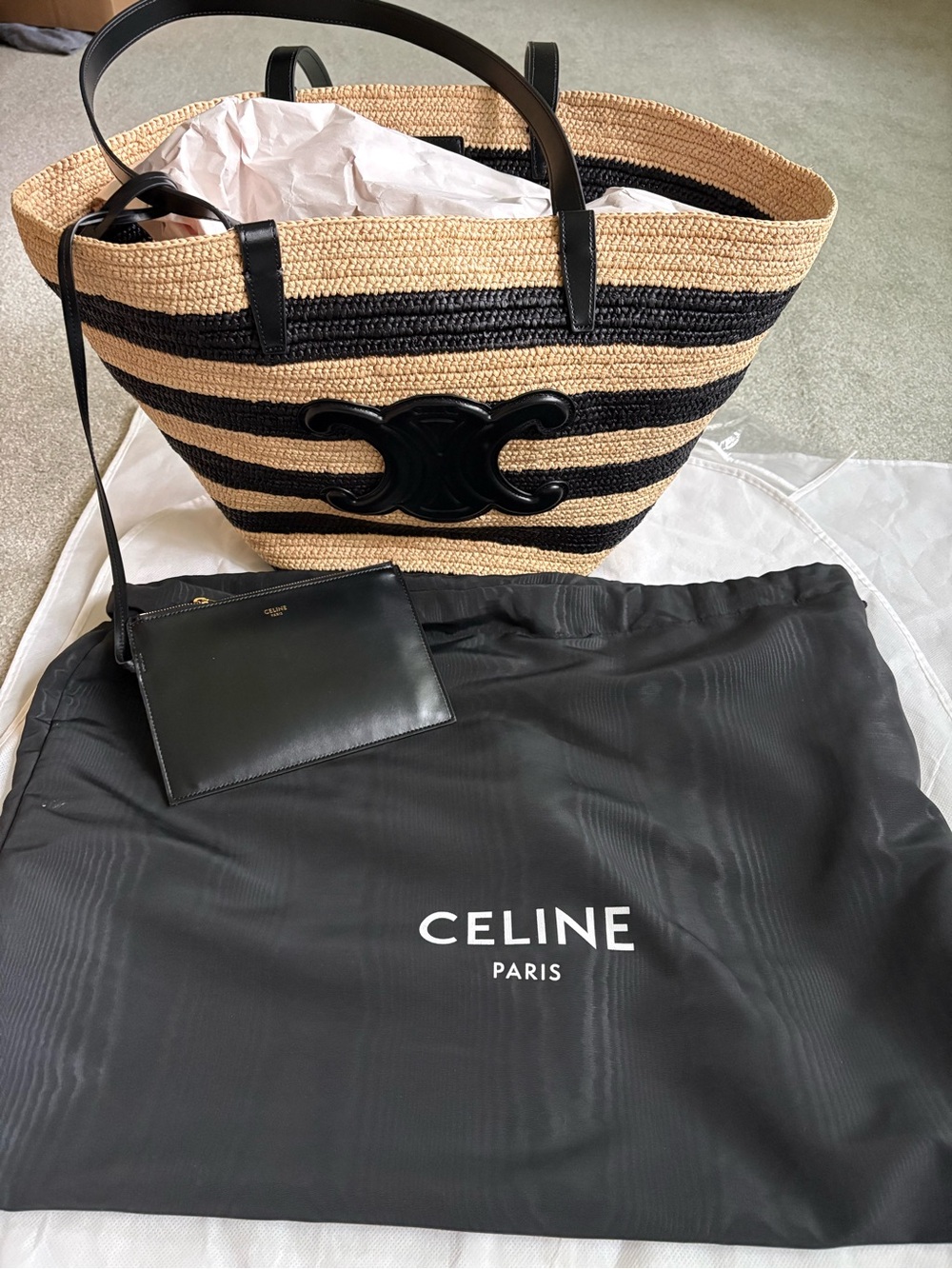 Celine Black and Natural Striped Raffia Tote with Triomphe Appliqué
